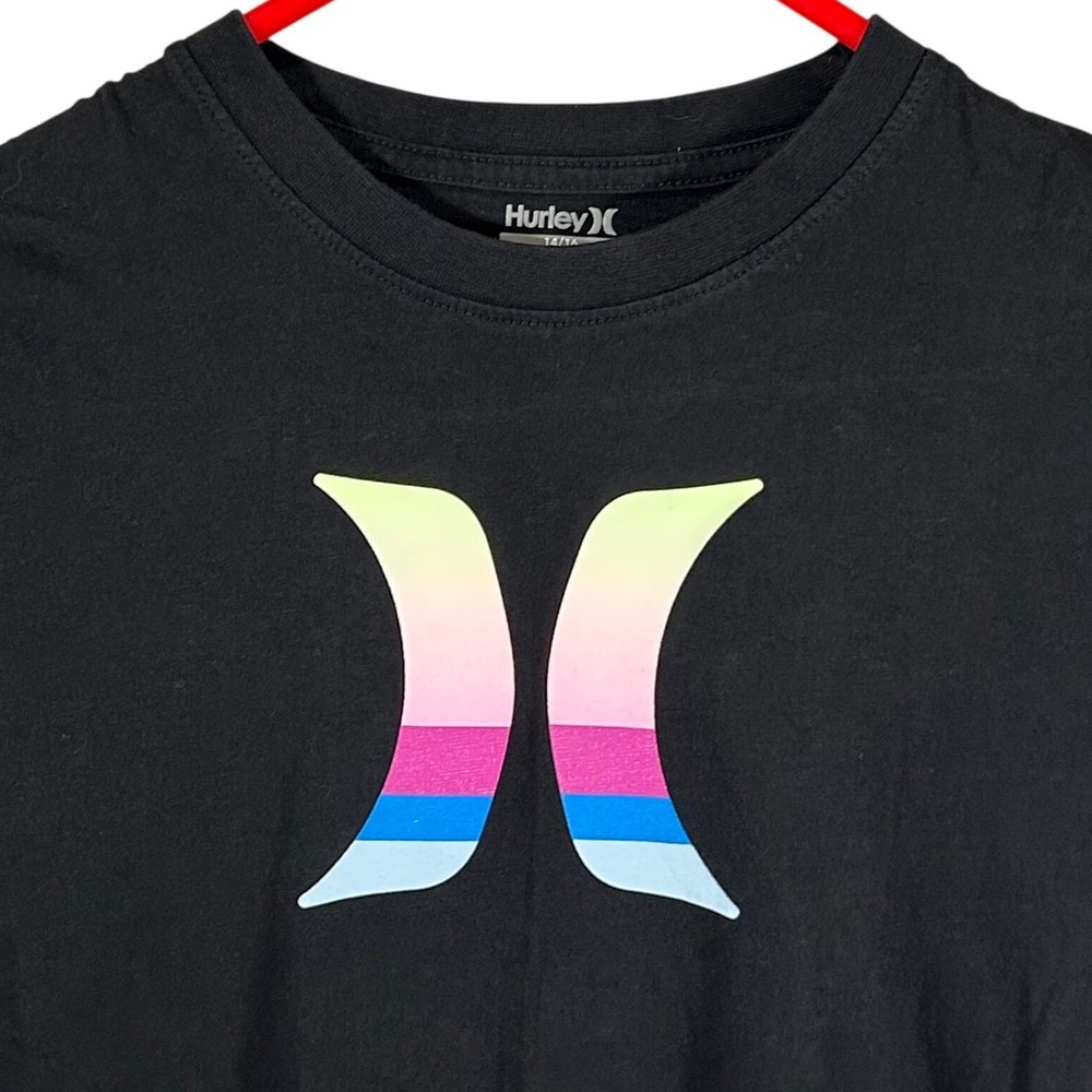 Hurley Boys Black Graphic T-Shirt Multi-Color Gradient Logo 14/16 Large